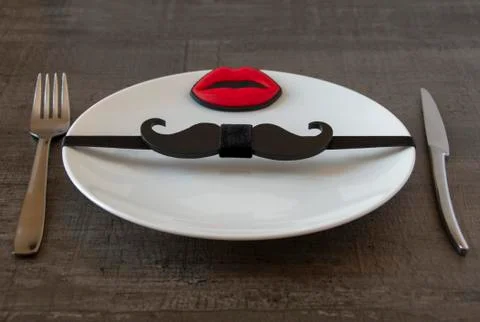 Dish, fork, knife, table, arrangement, brown, business, lunch, lips, mustache Stock Photos
