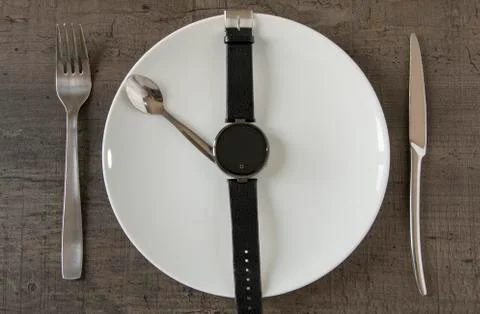 Dish, fork, knife, table, arrangement, background, brown, business, spoon, clock Stock Photos