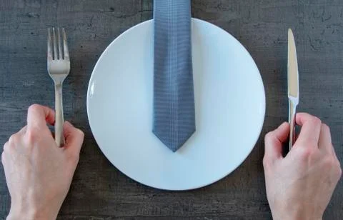 Dish, fork, knife, table, arrangement, background, brown, business, lunch, hands Stock Photos