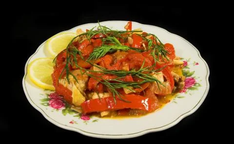 The dish is fried chicken with vegetables Stock Photos