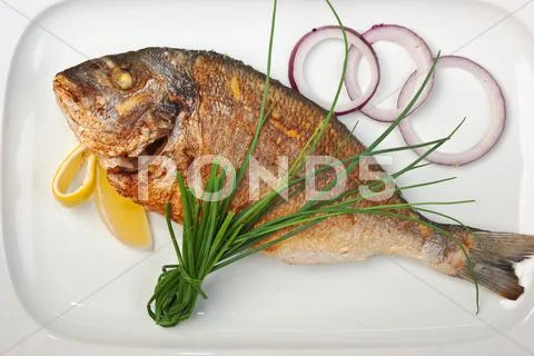 Dish of fried fish with onions Stock Photos