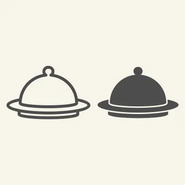 Dish with lid line and solid icon. Hotel restaurant food cover symbol, outline Ilustración de archivo