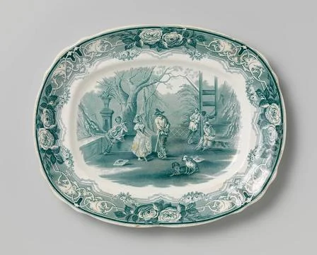 Dish, Oblong, with a presentation of dancers on the flat. Dish of Pottery,... Fotos de archivo