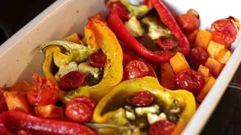 A Dish Prepared In A Cooking Dish, After Baking In The Oven. Sweet Pepper, Pumpk 스톡 동영상 150821265