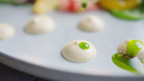 A dish in a restaurant, decorated with sauce. Macro shot. SlowMo Stock Footage 131317722