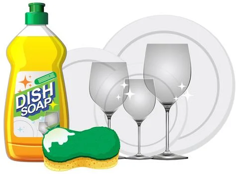 Dish Soap and Sponge with Clean Wine Glasses Illustration Stock Illustration