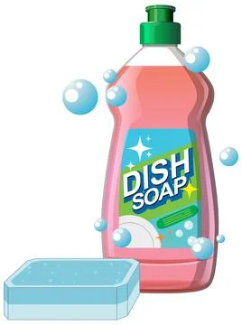 Dish Soap Bottle and Sponge with Bubbles Vector Stock Illustration