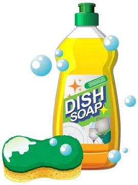 Dish Soap Bottle and Sponge with Bubbles Illustration Stock Illustration