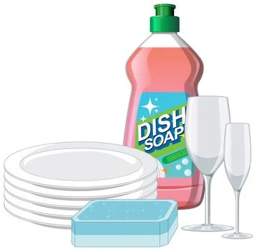 Dish Soap Bottle with Plates, Glasses, and Sponge Illustration Stock Illustration