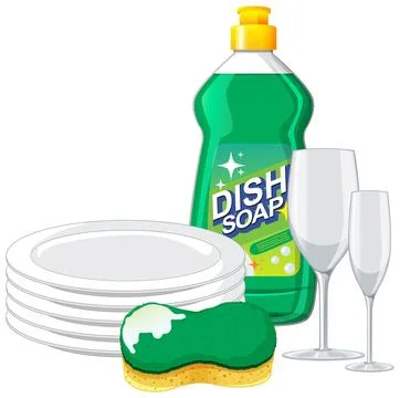 Dish Soap, Plates, Sponge, and Glasses Vector Illustration Stock Illustration