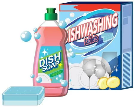 Dish Soap, Tablets, and Sponge with Clean Glassware Stock Illustration