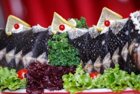 A dish of sturgeon. Close-up 스톡 사진