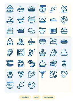 Dish Vector Icon Collection featuring 45 Editable Retina Ready Bold Line De.. Stock Illustration