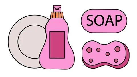Dish Wash. Cleaning Tools Elements. Plate, washing up liquid, soap and sponge Illustrazione stock