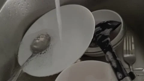 Dishes Being Washed Under Running Water. Stock Footage 278461741