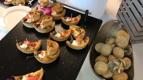 Dishes of bread canapes Stockbeeldmateriaal 90783659