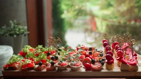 Dishes for the buffet. festive table. Strawberry. 스톡 동영상 194003041