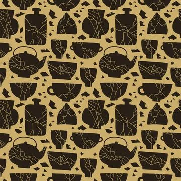 Dishes with kintsugi crack seamless pattern on golden background. Broken marble Stock Illustration