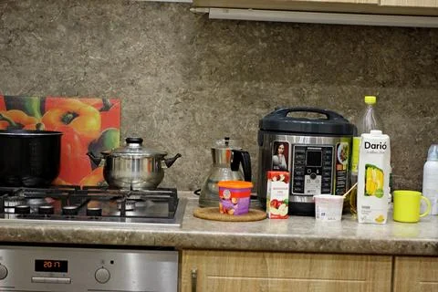 Dishes on the kitchen set Stock Photos