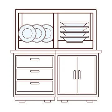 Dishes in kitchen shelf brown lines Illustrazione stock