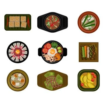 Dishes in Plates Top View. Vector Illustration Set Ilustração Stock