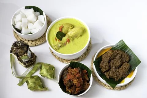 The dishes served during Eid celebrations are rendang, dendeng balado, opor ayam Stock Photos