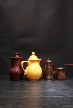 Dishes Set On Dark Stock Photos