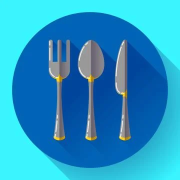 Dishes - Spoon knife and fork icon. Flat vector design with long shadow. Stock Illustration