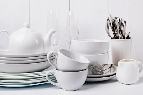 Dishware on the white background close-up Foto stock