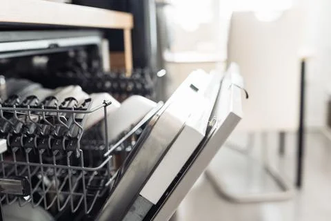 Dishwasher with clean dishes Fotos Stock