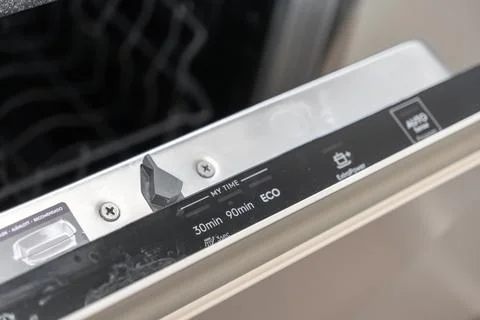 Dishwasher control panel featuring MY TIME, 30min, 90min, ECO, ExtraPower, .. Stock Photos