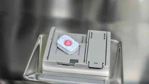 Dishwasher detergent tablet placed in a compartment of a modern stainless steel Stock Photos