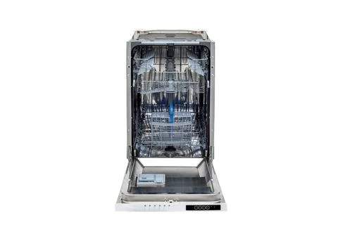 Dishwasher with electronic control, open door, racks and container. front vie Stock Photos