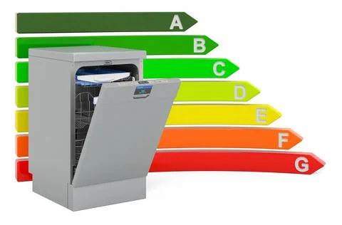Dishwasher with energy efficiency chart, 3D rendering Stockillustratie