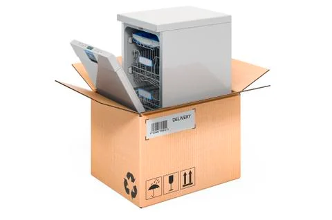 Dishwasher inside cardboard box, delivery concept. 3D rendering 스톡 일러스트