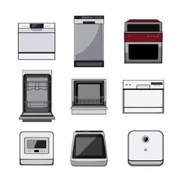 Dishwasher kitchen set cartoon vector illustration Stock Illustration