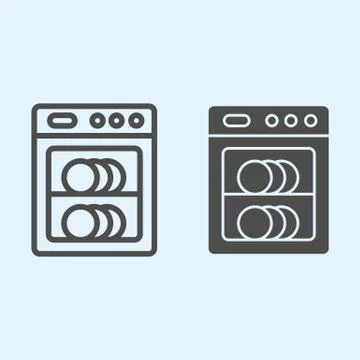 Dishwasher line and solid icon. Automatic dish washing machine with plates Stock Illustration