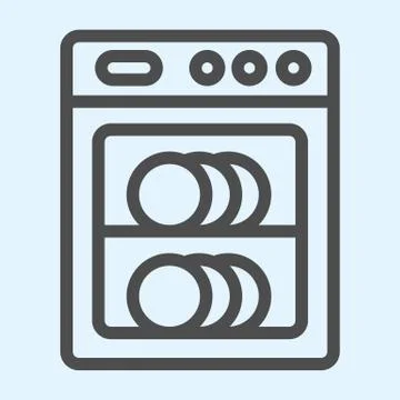 Dishwasher line icon. Automatic dish washing machine with plates inside. Home Stock Illustration