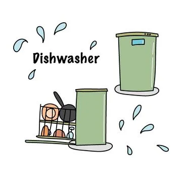 Dishwasher open with dishes, closed at the front Stock Illustration