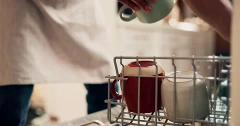 Dishwasher, spring cleaning and hands with dirt, utensils and dishes as daily Stock Footage 294602570
