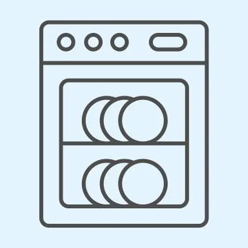Dishwasher thin line icon. Automatic dish washing machine with plates inside Stock Illustration