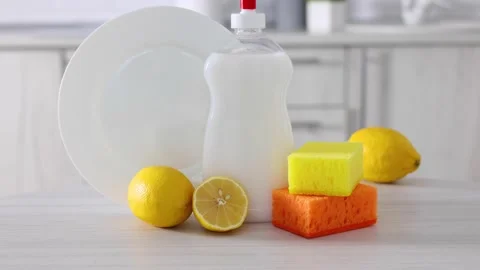 Dishwashing detergent on the background of the kitchen Stock Footage 236428459