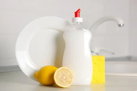 Dishwashing detergent on the background of the kitchen Foto stock