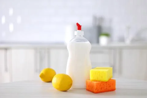 Dishwashing detergent on the background of the kitchen Foto stock