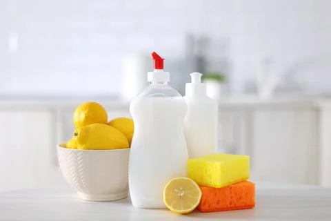 Dishwashing detergent on the background of the kitchen Foto stock
