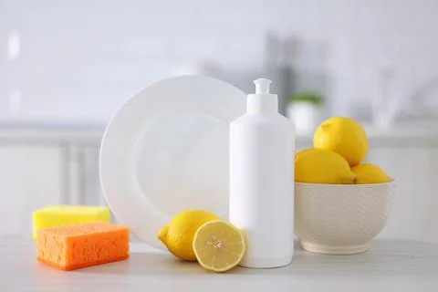 Dishwashing detergent on the background of the kitchen Foto stock
