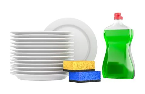 Dishwashing detergent, sponges and stack of clean plates, 3D rendering Stock Illustration