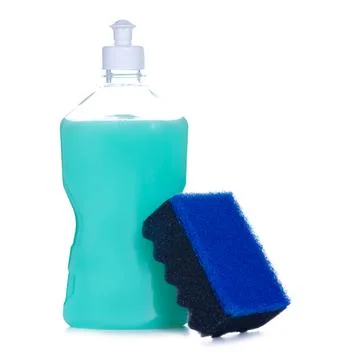 Dishwashing liquid detergent in transparent plastic bottle with washing clean Stock Photos