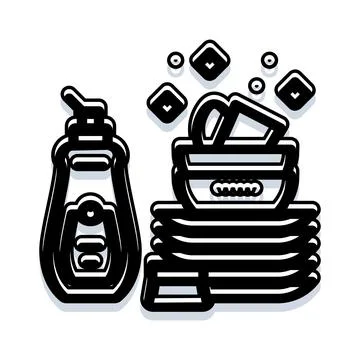 Dishwashing liquid soap with stacked kitchenware Stock Illustration