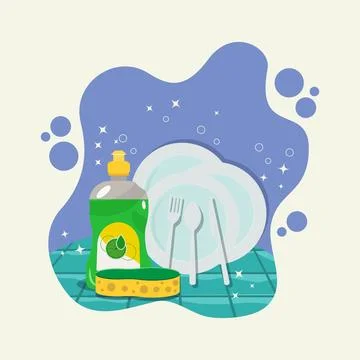 Dishwashing liquid, sponge, plates, fork, knife and spoon vector illustration Stock Illustration